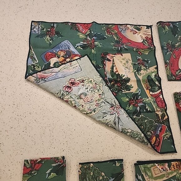 Vintage Set Of 8 Christmas Cloth Napkins Green Red Santa 16x16" - Picture 3 of 4